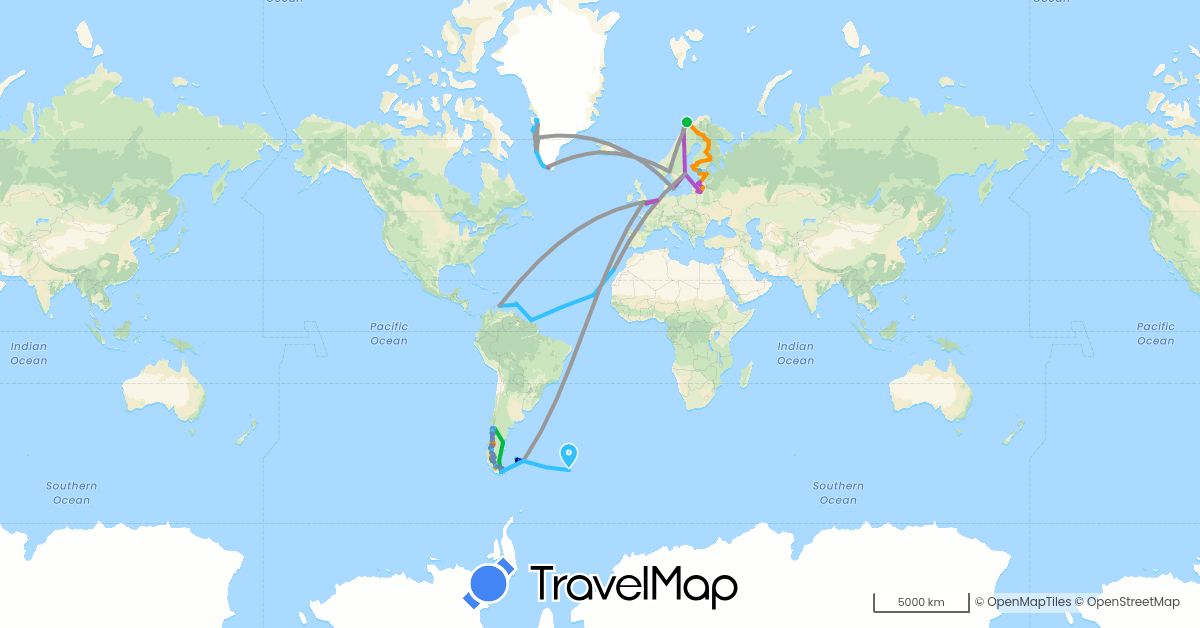 TravelMap itinerary: driving, bus, plane, cycling, train, hiking, boat, hitchhiking in Argentina, Chile, Cape Verde, Spain, Finland, Falkland Islands, France, United Kingdom, Greenland, South Georgia and the South Sandwich Islands, Lithuania, Latvia, Netherlands, Norway, Sweden, Saint Vincent and the Grenadines (Africa, Antarctica, Europe, North America, South America)